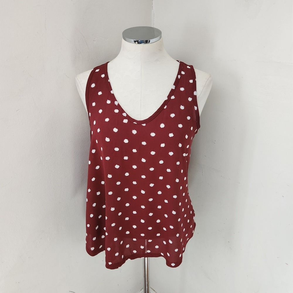 Ann Taylor LOFT Petites Burgundy Polka Dot Mixed Media Tank Top Blouse MP